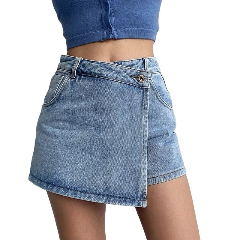 Asymmetrical Denim Mini Skirt - Skirts