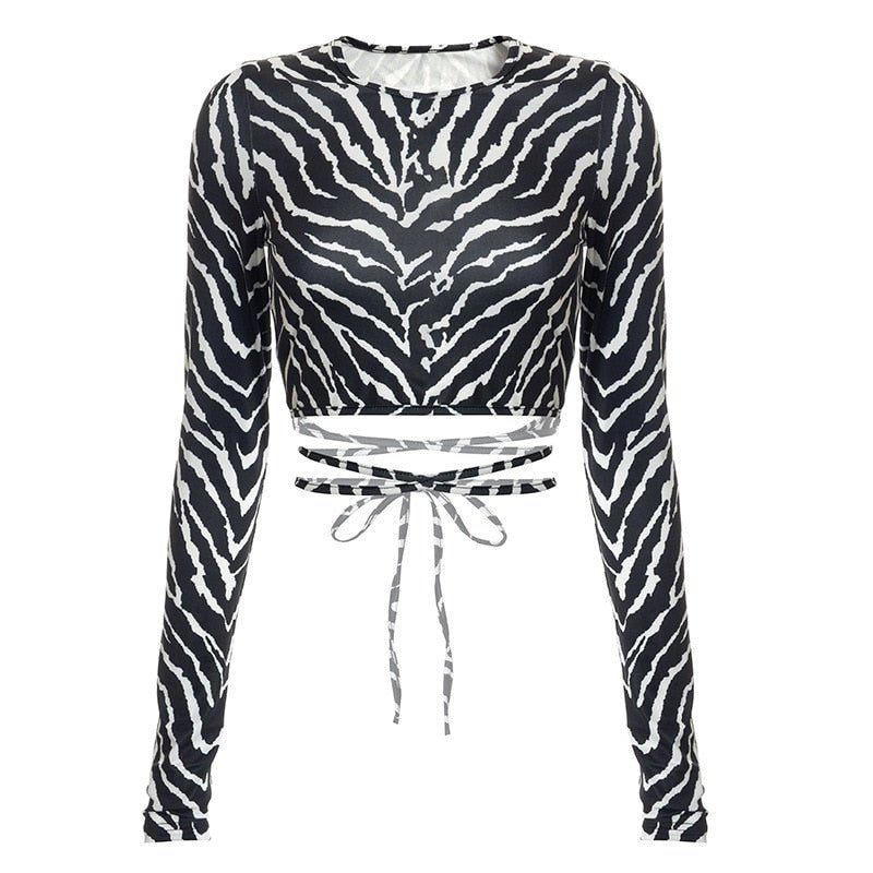 Backless Long Sleeve Zebra Crop Top - Crop Tops