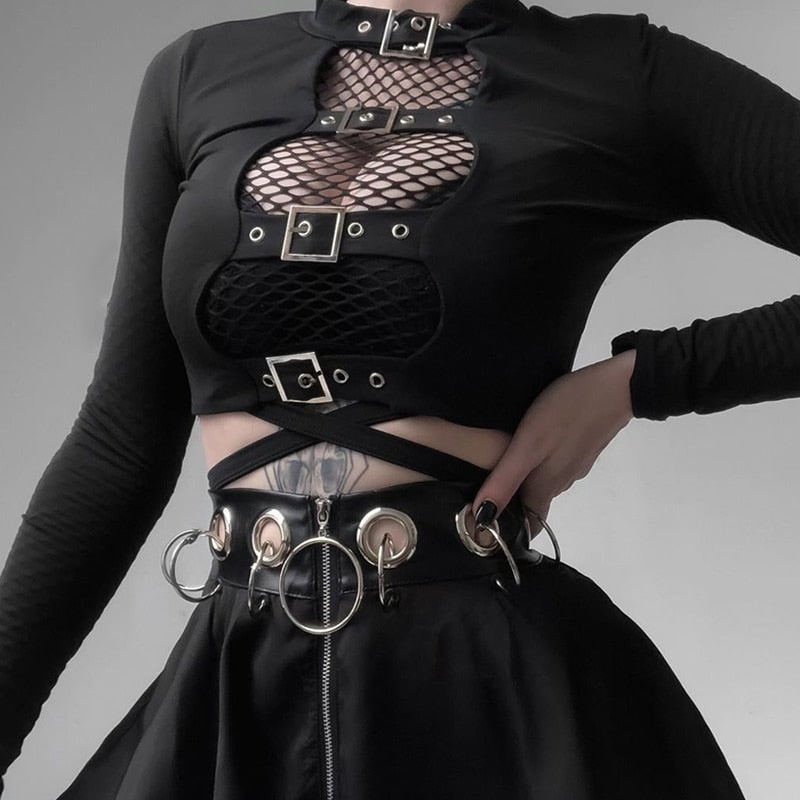 Black Gothic Long Sleeve Slim Fit Top - Crop Tops