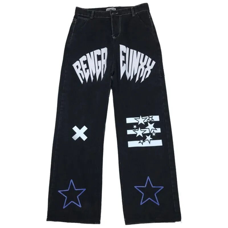 Black Star Print High Waist Jeans - Jeans