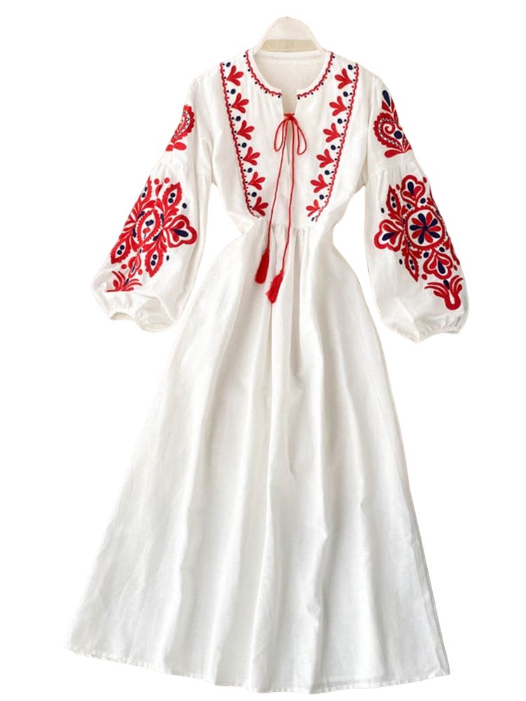 Bohemian O-Neck Lantern Sleeve Dress - Dresses