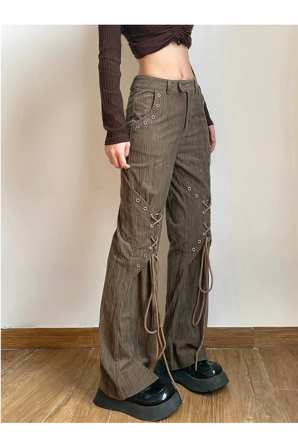 Retro Y2k Corduroy Lace-Up Pants Shoptery