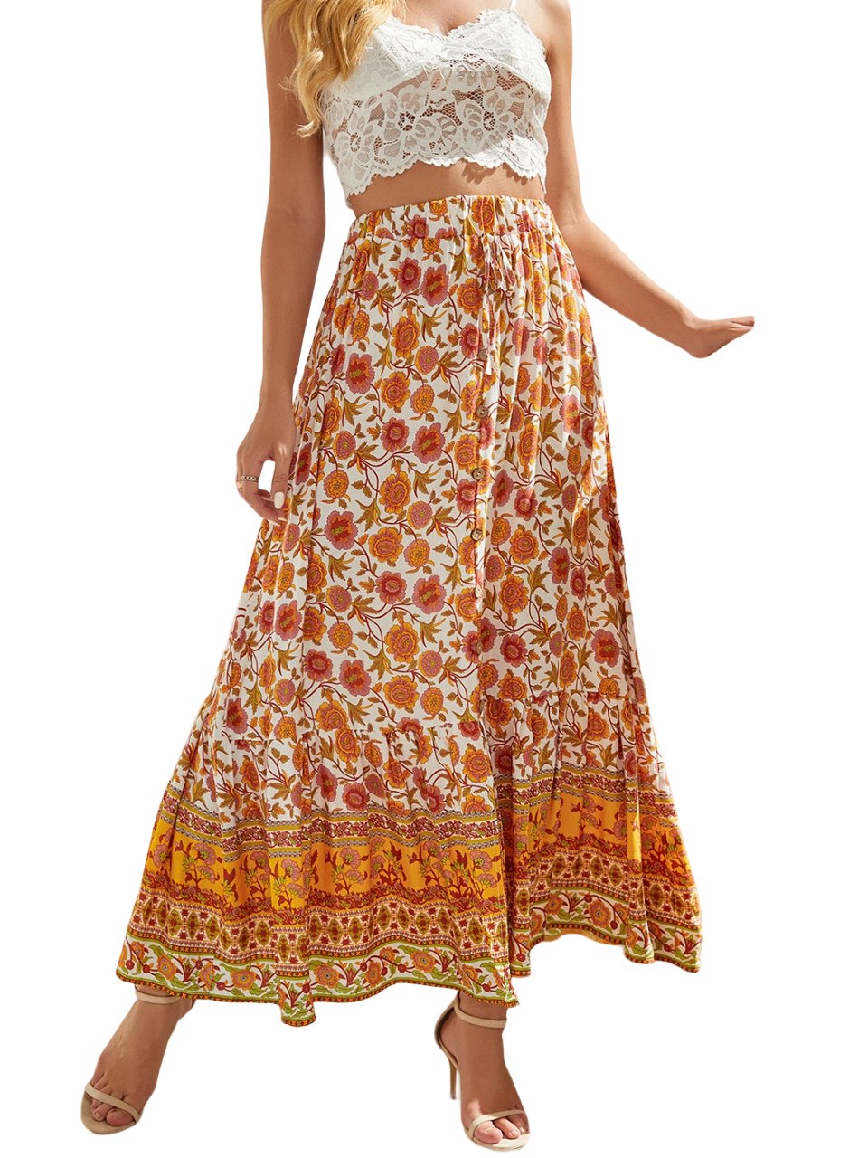Boho Retro Floral Print Skirt - Skirts