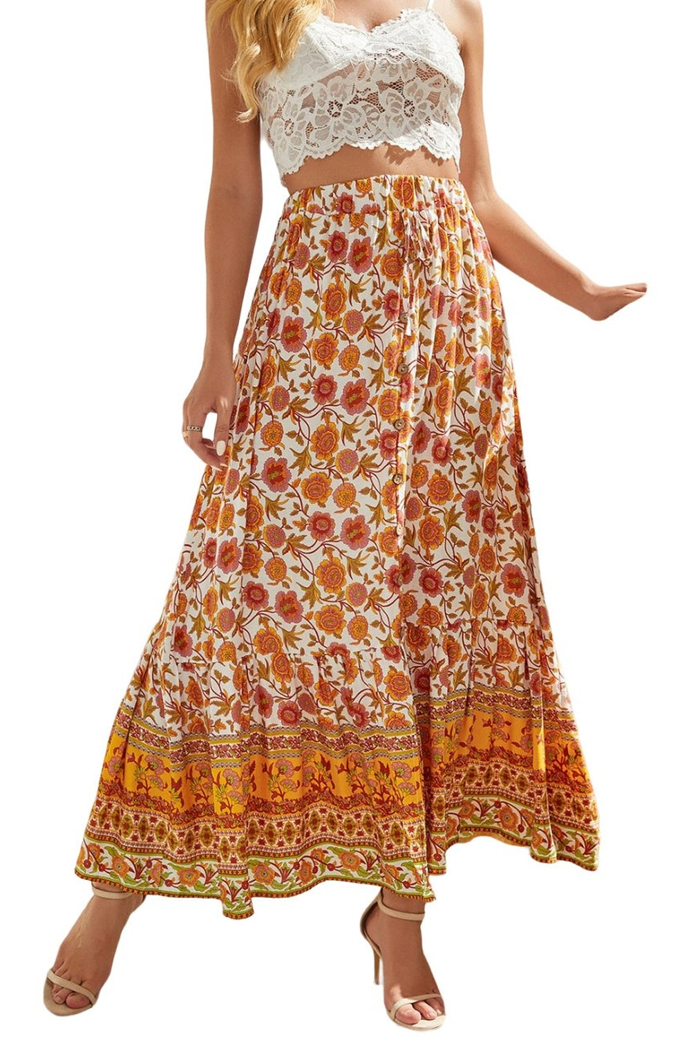 Boho Retro Floral Print Skirt - Skirts