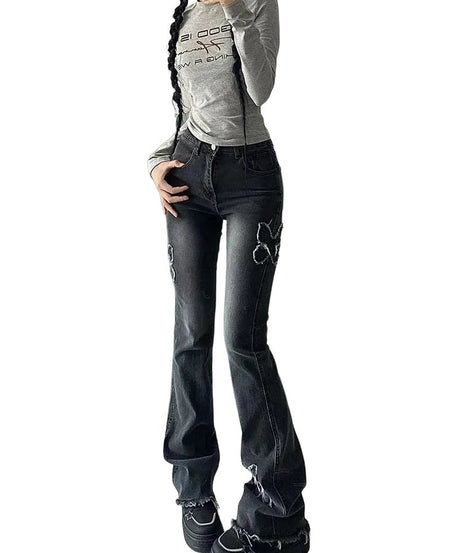 Butterfly Spliced Flare Jeans -