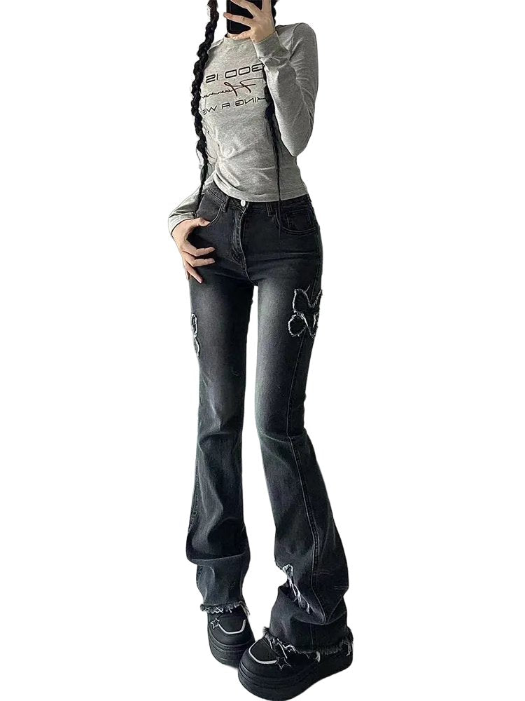 Butterfly Spliced Flare Jeans -