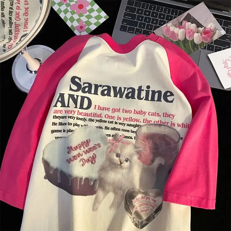 Cat Print Raglan T-shirt -