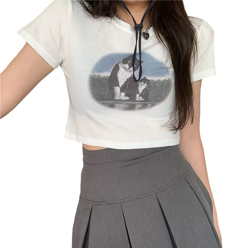 Cat Print Slim T-Shirt - T-shirts