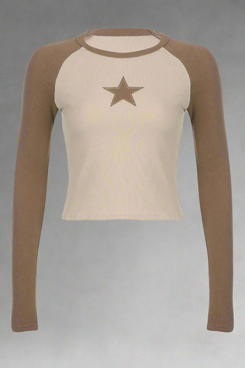 Celestial Contrast Long Sleeve Crop Top Khaki Shoptery