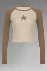 Celestial Contrast Long Sleeve Crop Top Khaki Shoptery