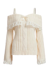 Coquette Cold Shoulder Lace Knit Sweater WHITE Shoptery