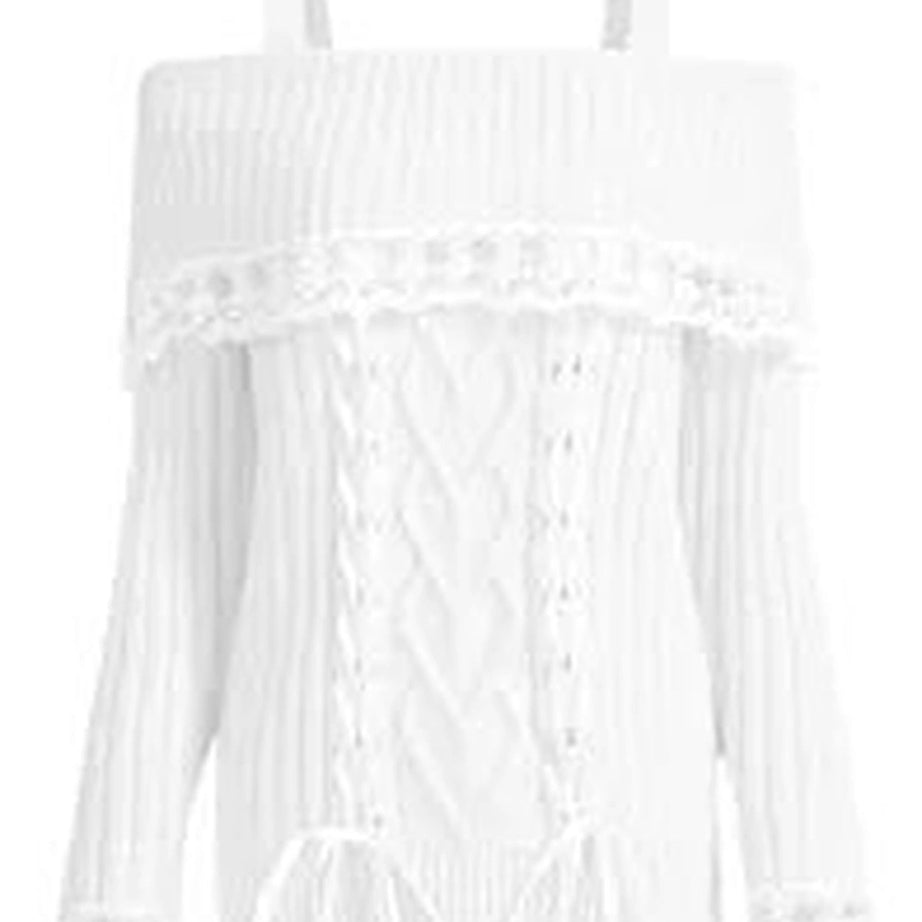 Coquette Cold Shoulder Lace Knit Sweater White tie Shoptery