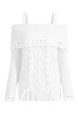 Coquette Cold Shoulder Lace Knit Sweater White tie Shoptery