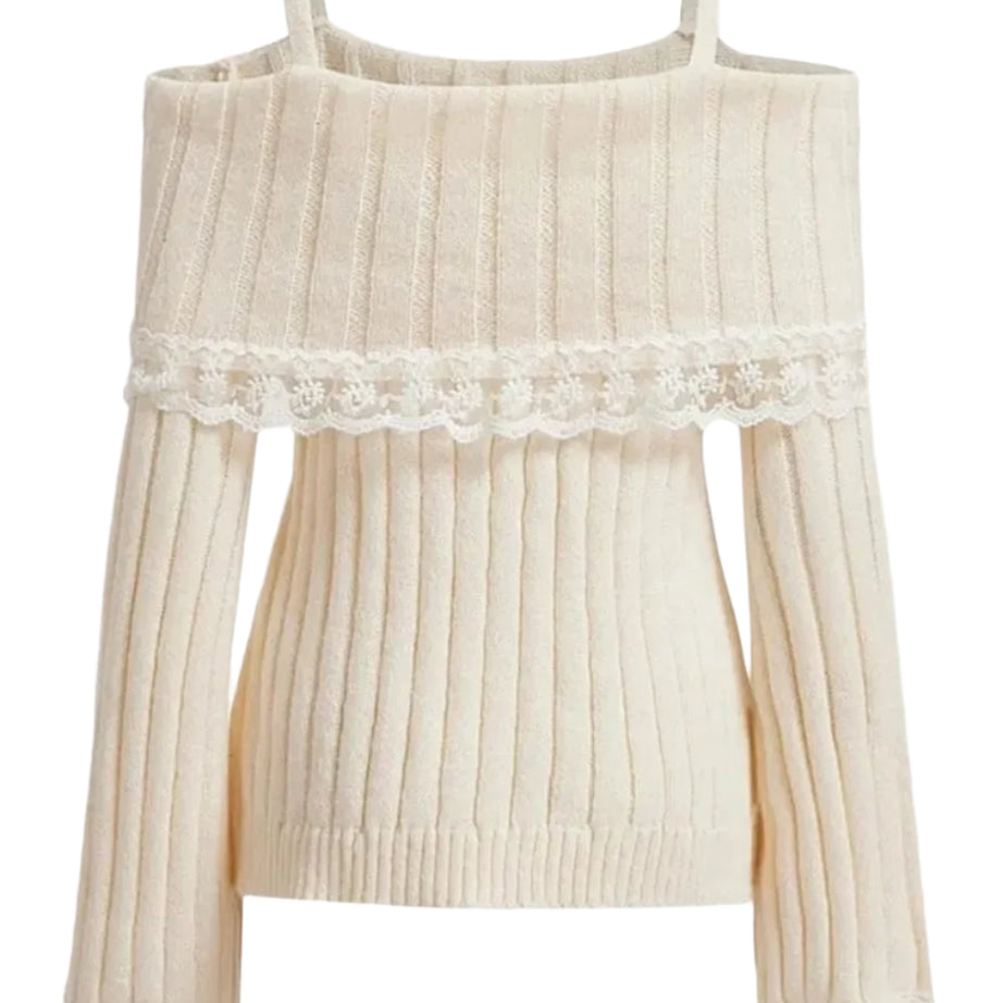 Coquette Cold Shoulder Lace Knit Sweater Shoptery