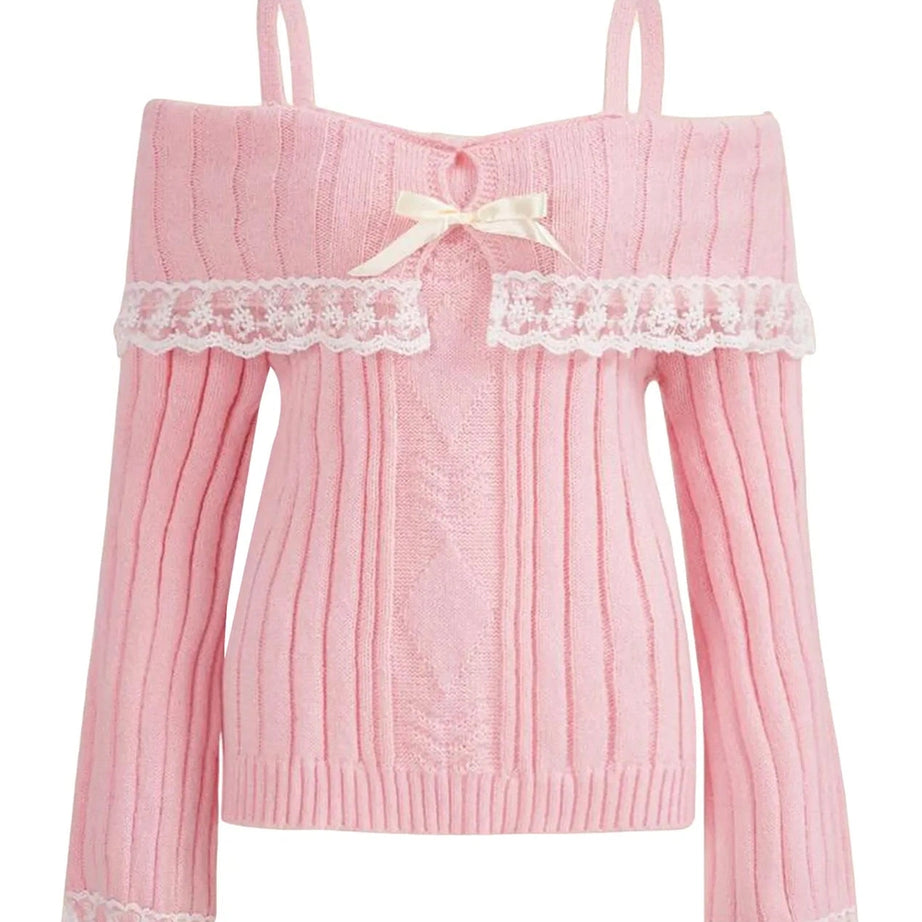 Coquette Cold Shoulder Lace Knit Sweater Pink(AE存量)****** Shoptery
