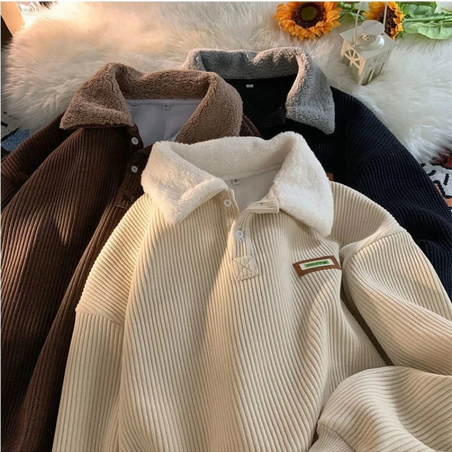 Retro Corduroy Polo Collar Pullover Shoptery