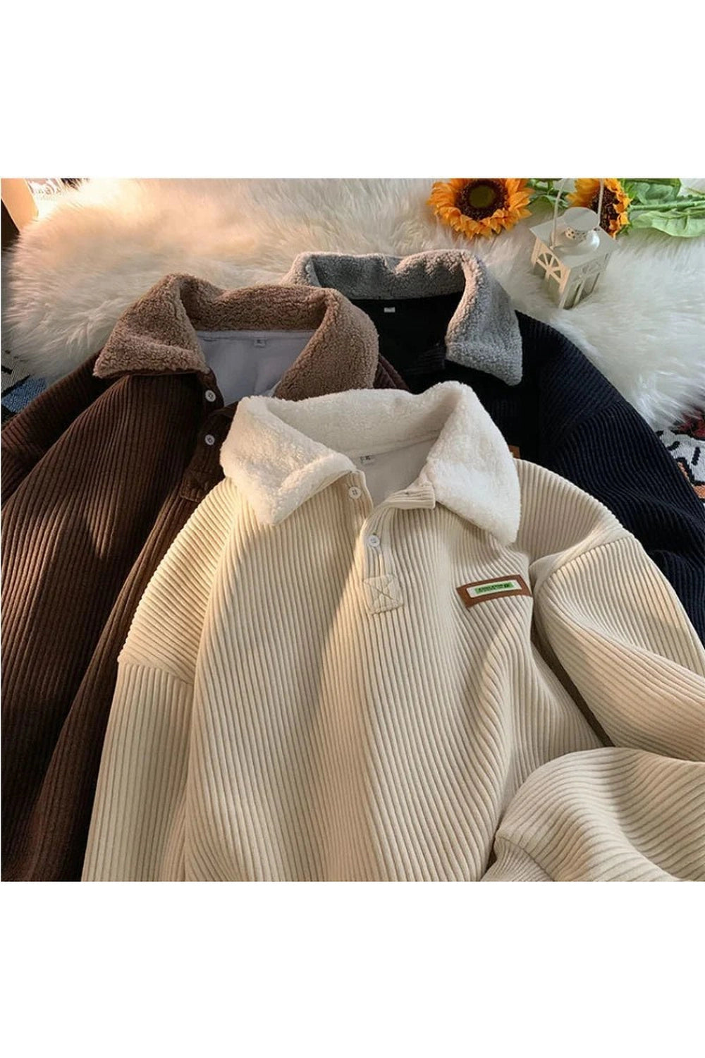 Retro Corduroy Polo Collar Pullover Shoptery