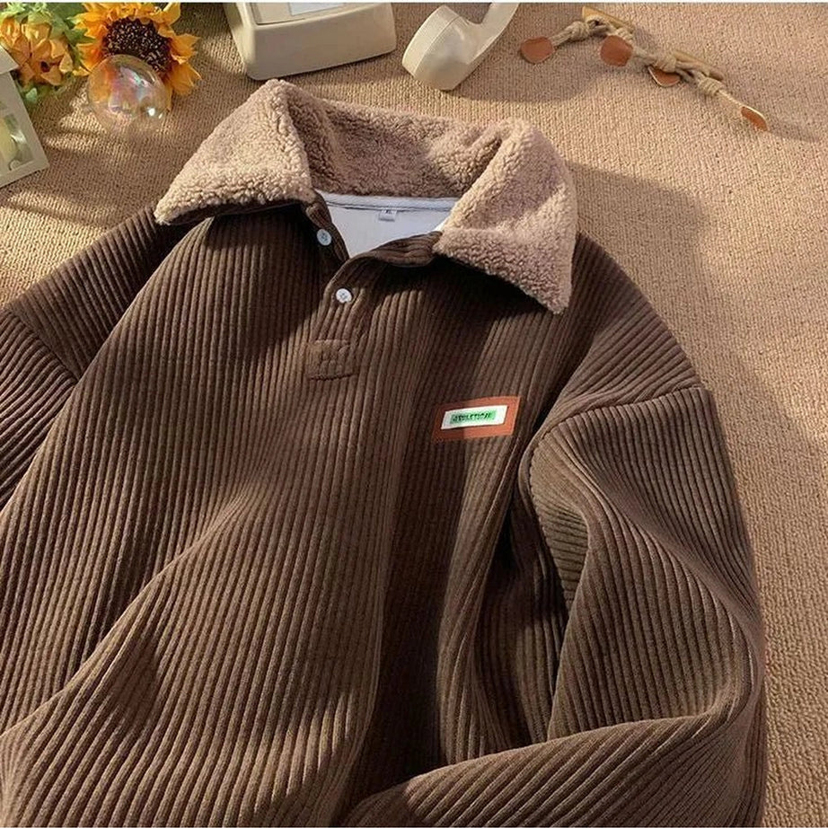 Retro Corduroy Polo Collar Pullover Brown Shoptery