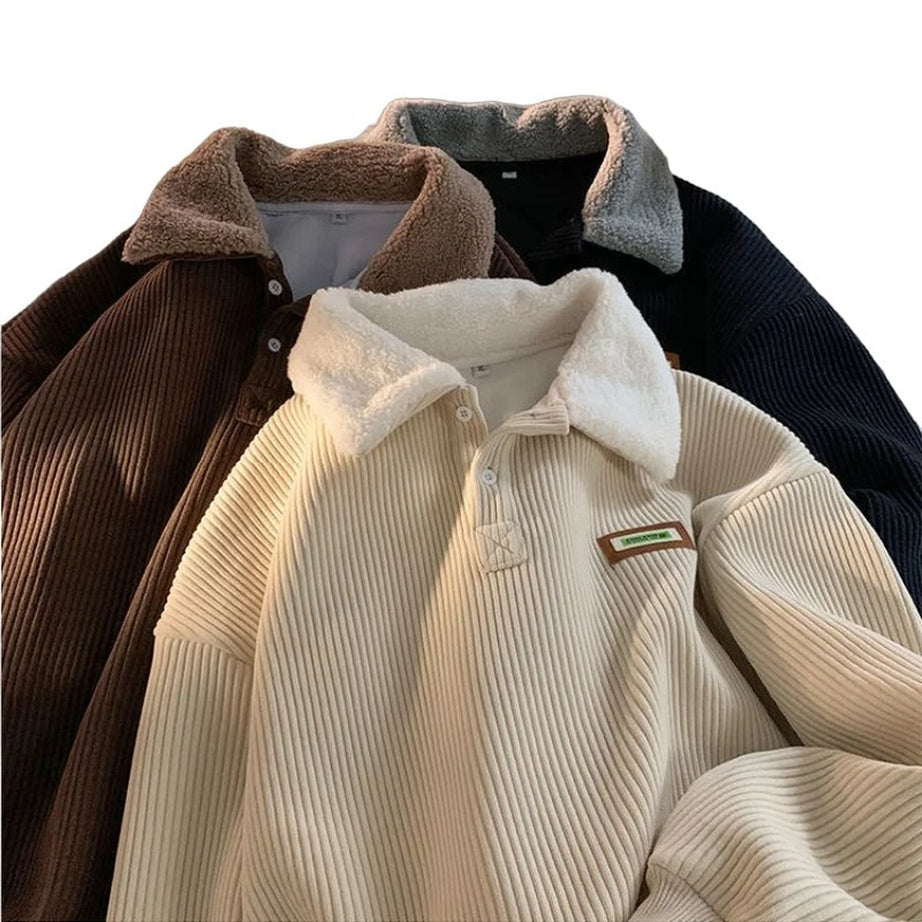 Retro Corduroy Polo Collar Pullover Shoptery