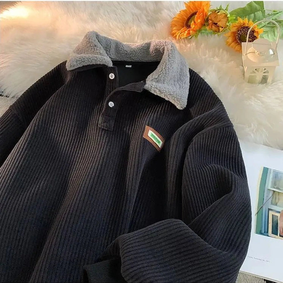 Retro Corduroy Polo Collar Pullover Black Shoptery