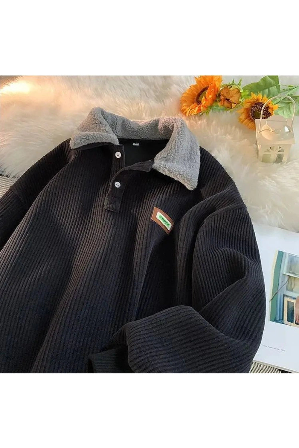 Retro Corduroy Polo Collar Pullover Black Shoptery