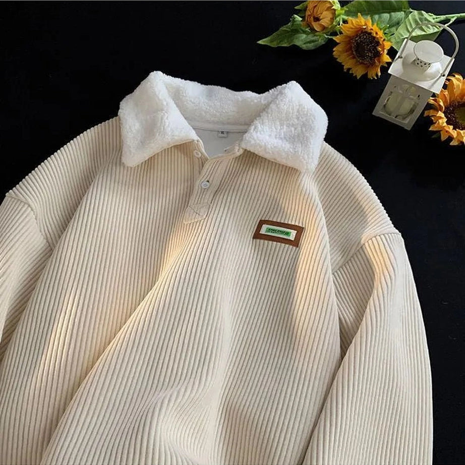 Retro Corduroy Polo Collar Pullover Apricot Shoptery