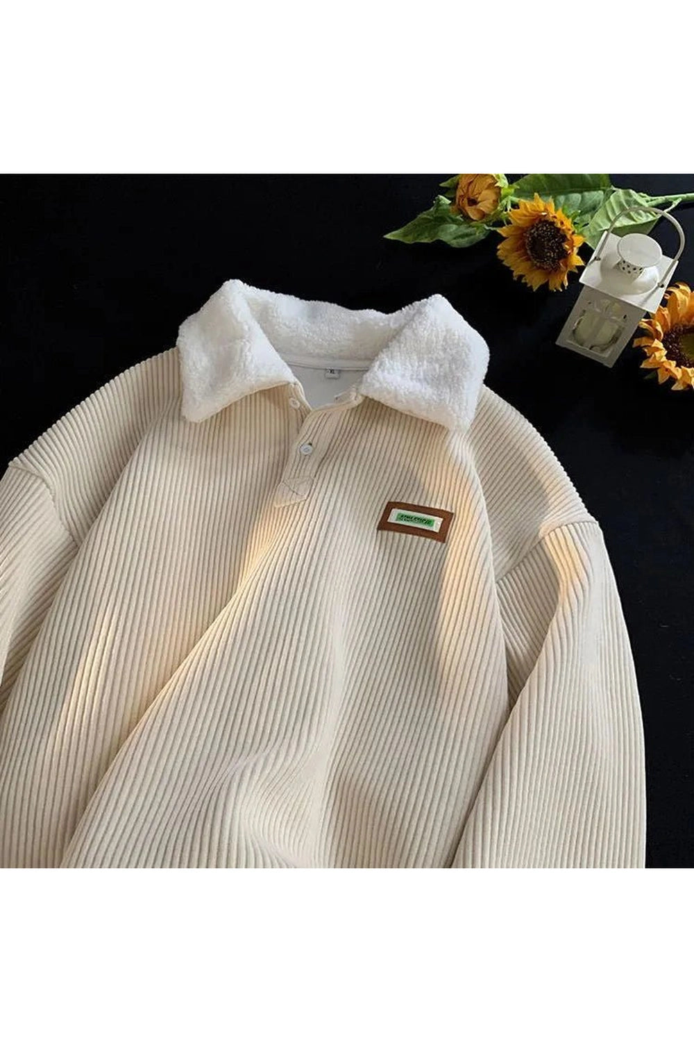 Retro Corduroy Polo Collar Pullover Apricot Shoptery