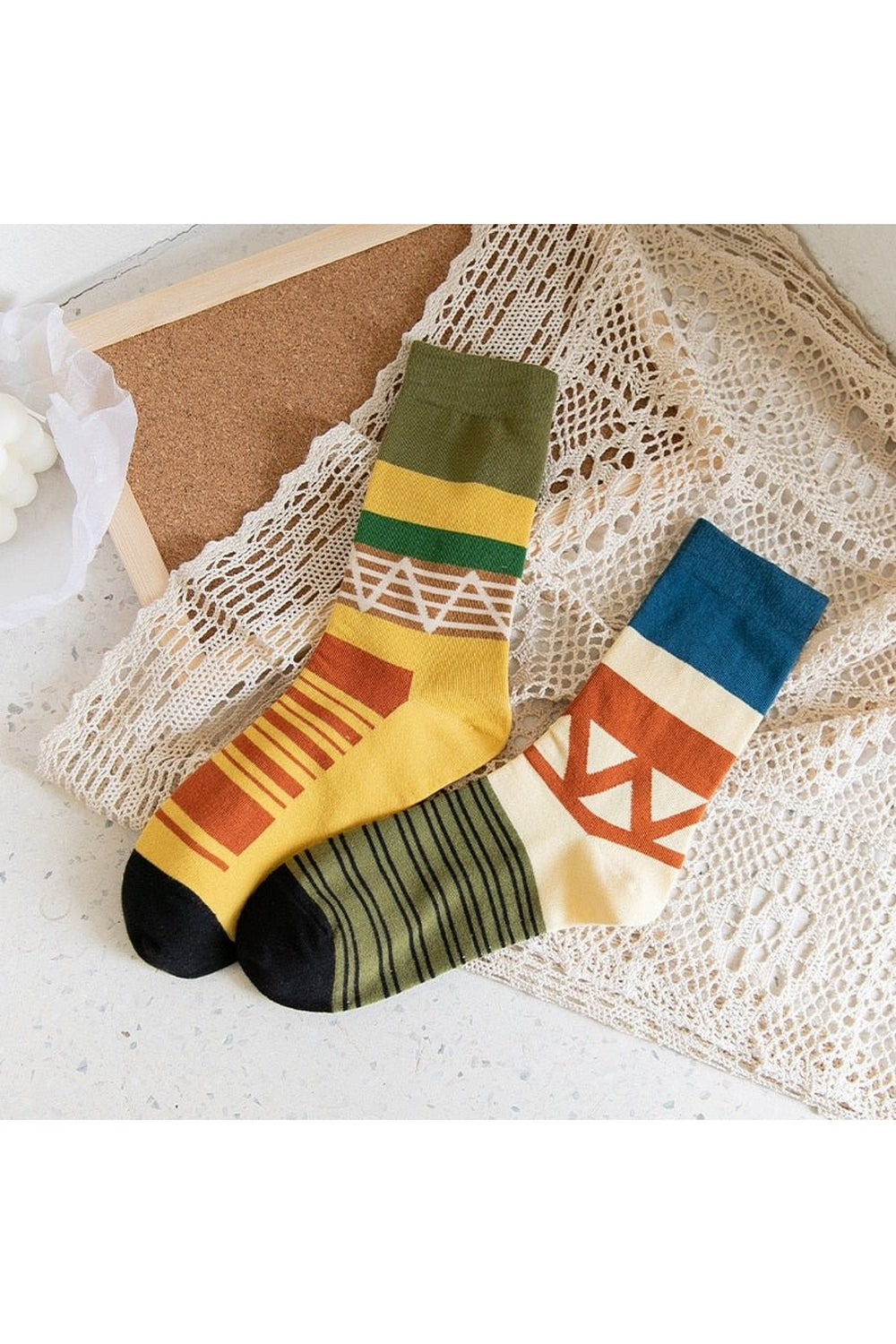 Creative Irregular Short Couple Socks Yellow Green Stripe 36-42 Shoptery