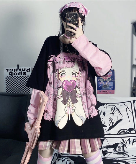 Cute Anime Print Long-Sleeved T-Shirt - T-shirts