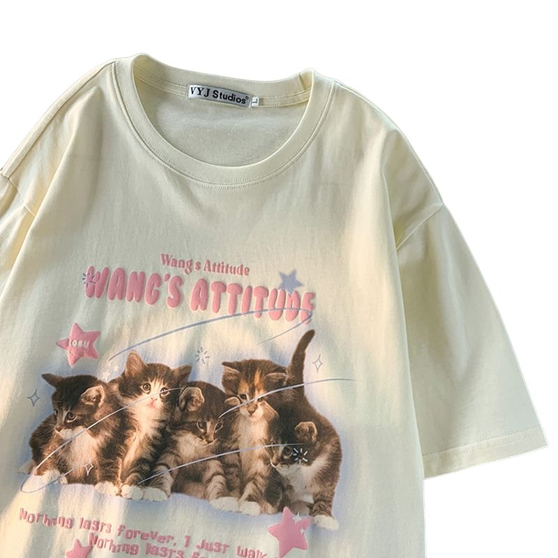 Cute Kitten Printed Graphic T-Shirt - T-shirts