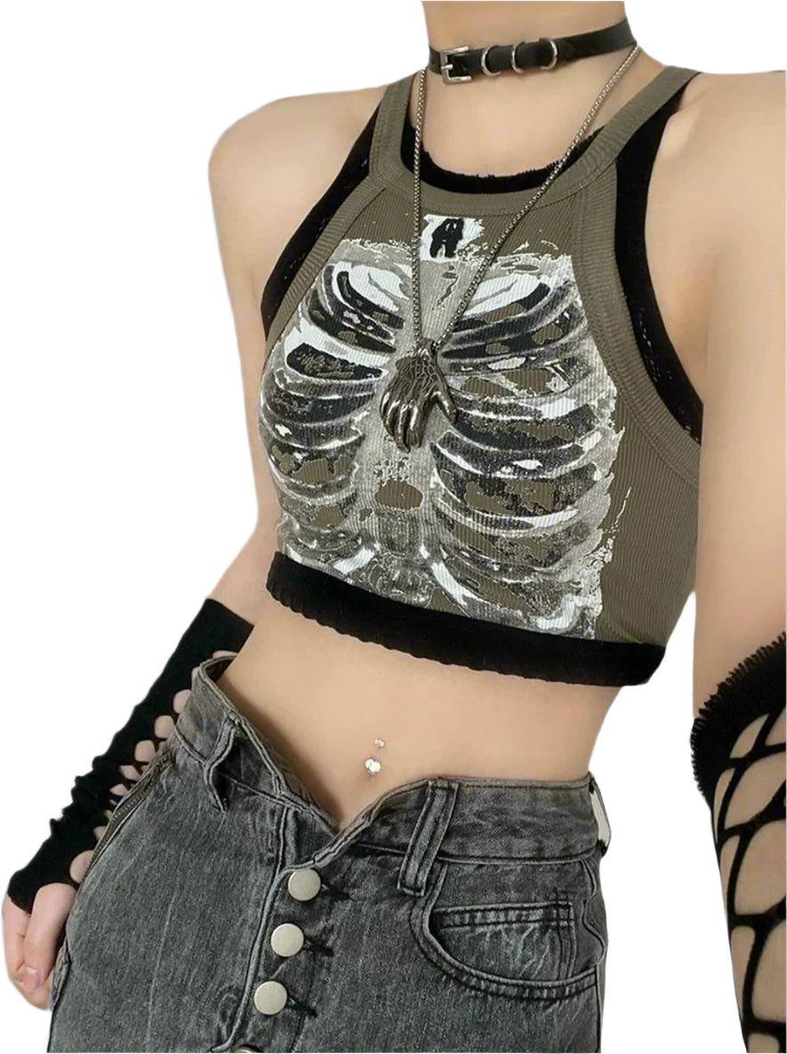 Cyber Y2k Skeleton Crop Top Army Green Shoptery