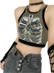 Cyber Y2k Skeleton Crop Top Army Green Shoptery