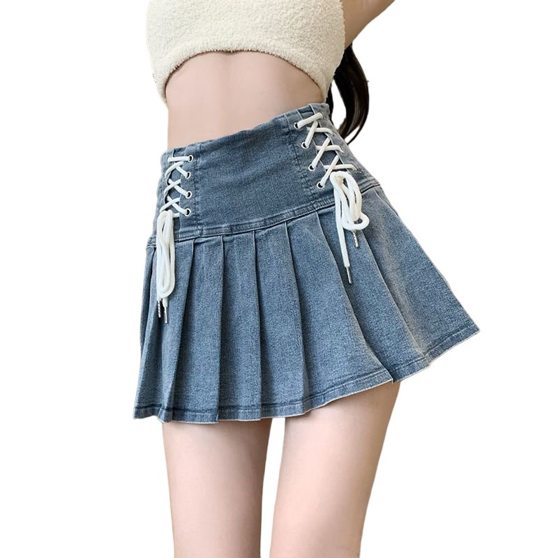 Denim Pleated A-line Mini Skirt - Skirts