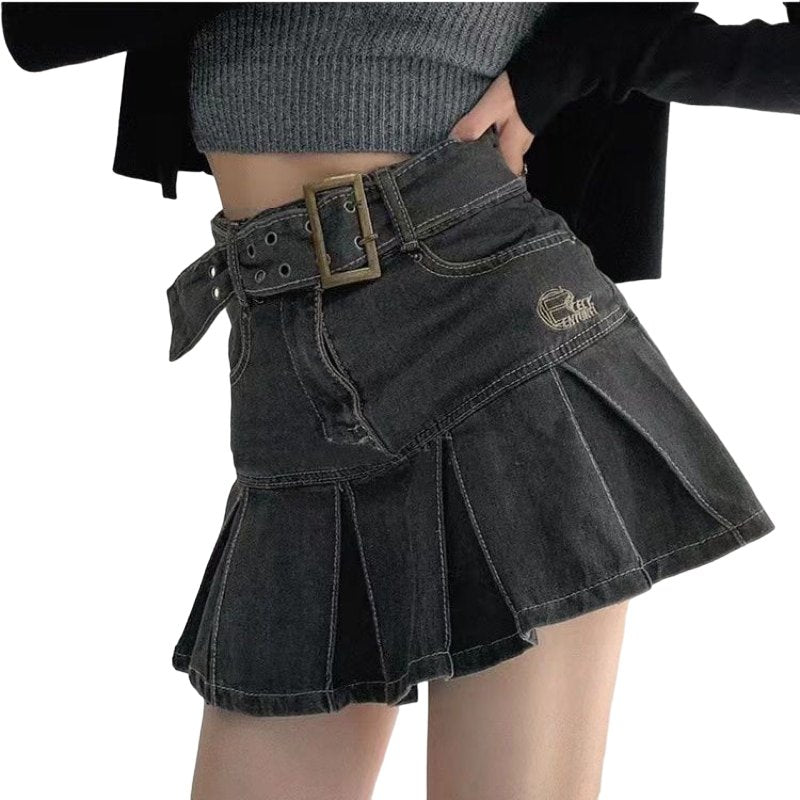Denim Pleated Mini Skirt Japanese Y2K - Skirts