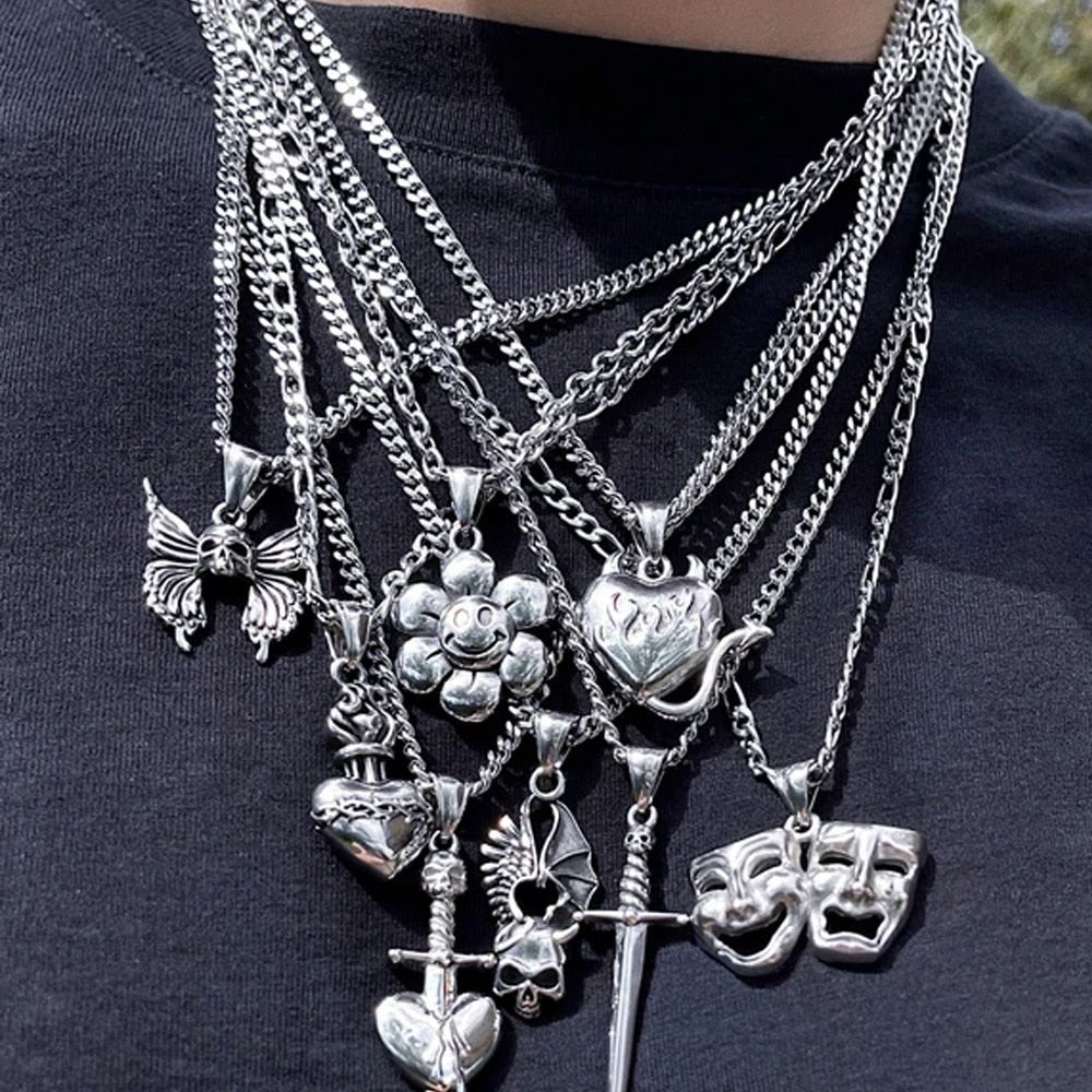 Edgy Aesthetic Butterfly Skull Flower Necklace -