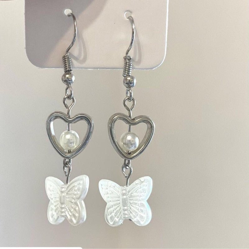 Egirl Heart Butterfly Drop Earrings - Earrings
