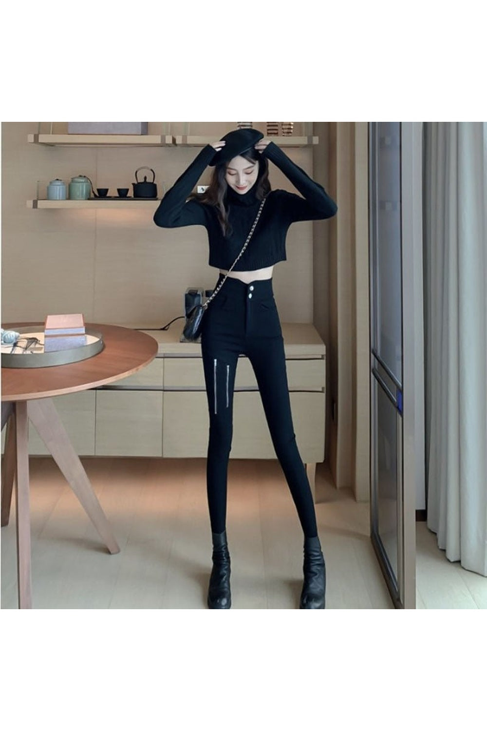 Elastic Zipper Black Pants - Pants