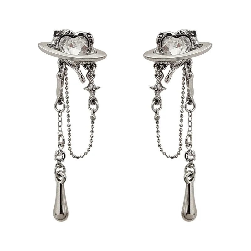 Elegant Saturn Chain Earrings with Crystal Detailing -
