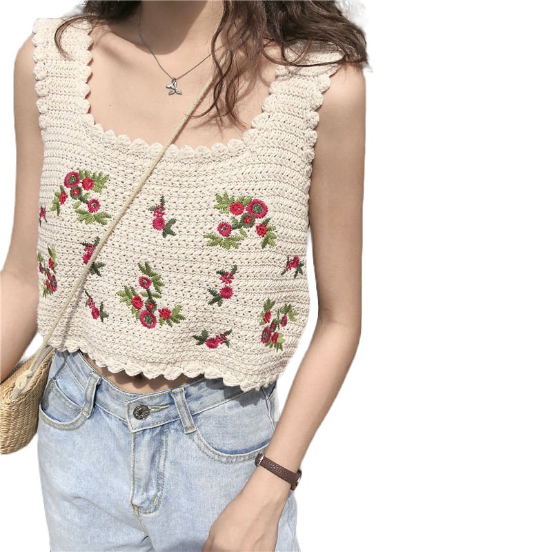 Embroidered Sleeveless Crop Top - Crop Tops