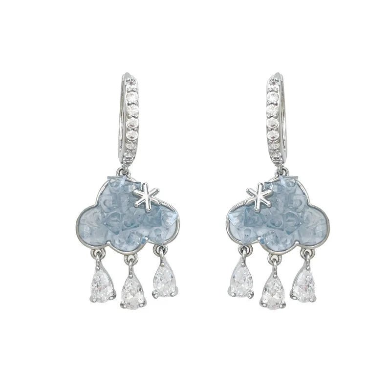 Ethereal Cloud Drop Earrings with Crystal Raindrops -