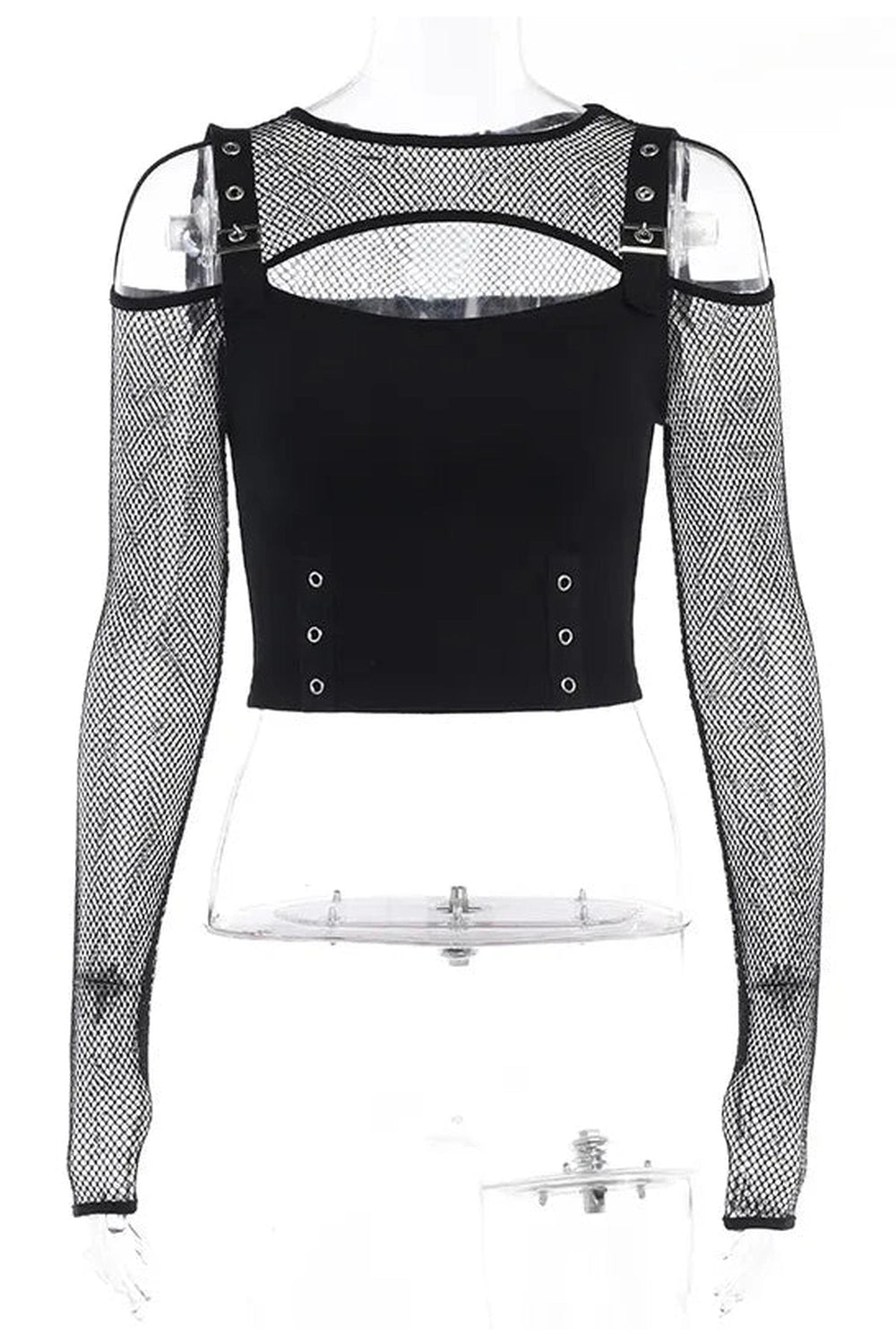 Alt Fishnet Patchwork Buckle Crop Top black Shoptery