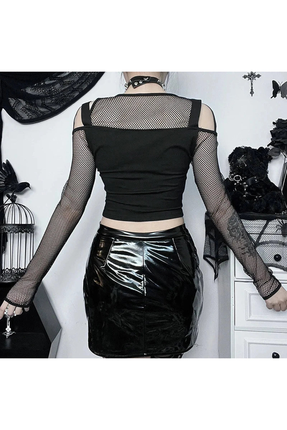 Alt Fishnet Patchwork Buckle Crop Top Shoptery