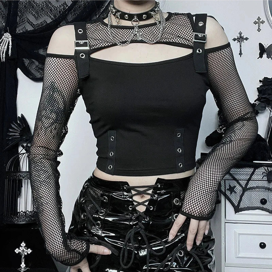 Alt Fishnet Patchwork Buckle Crop Top Shoptery