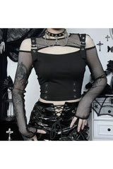Alt Fishnet Patchwork Buckle Crop Top Shoptery