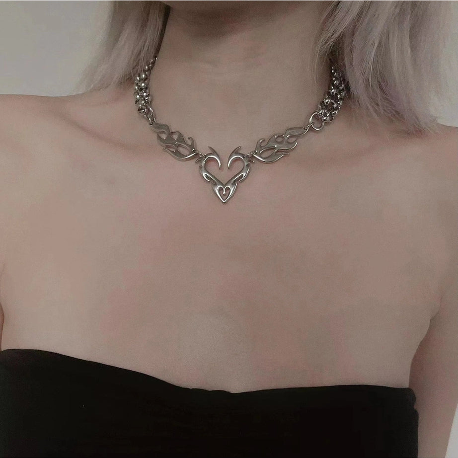 Edgy Flame Heart Punk Necklaces Shoptery