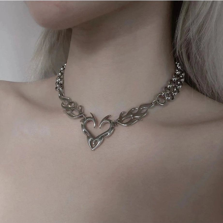 Edgy Flame Heart Punk Necklaces Shoptery