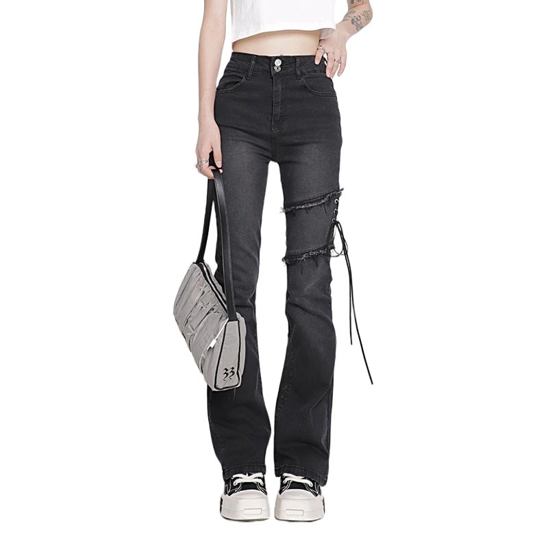 Flare Jeans Black Lacing High Waist - Jeans