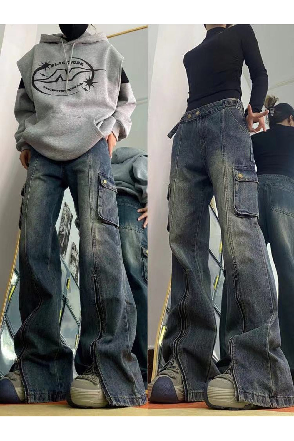 Flared Wide Leg Cargo Jeans Shoptery