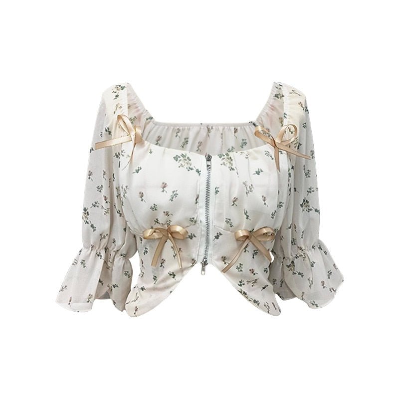 Floral Print Puff Sleeve Blouse - Blouses