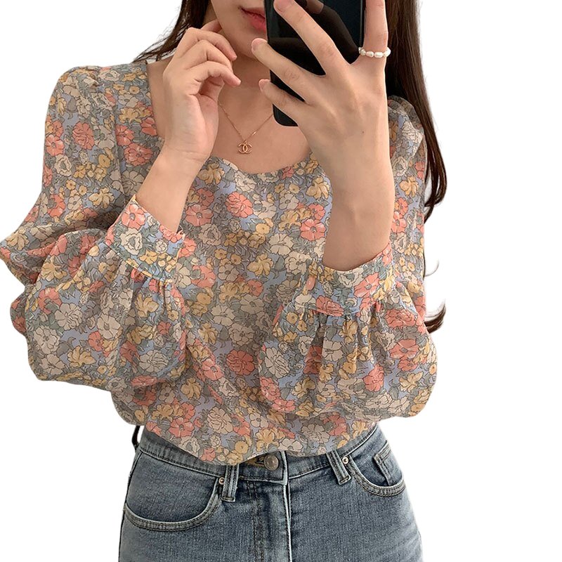 Floral Print Square Neck Chiffon Shirt -